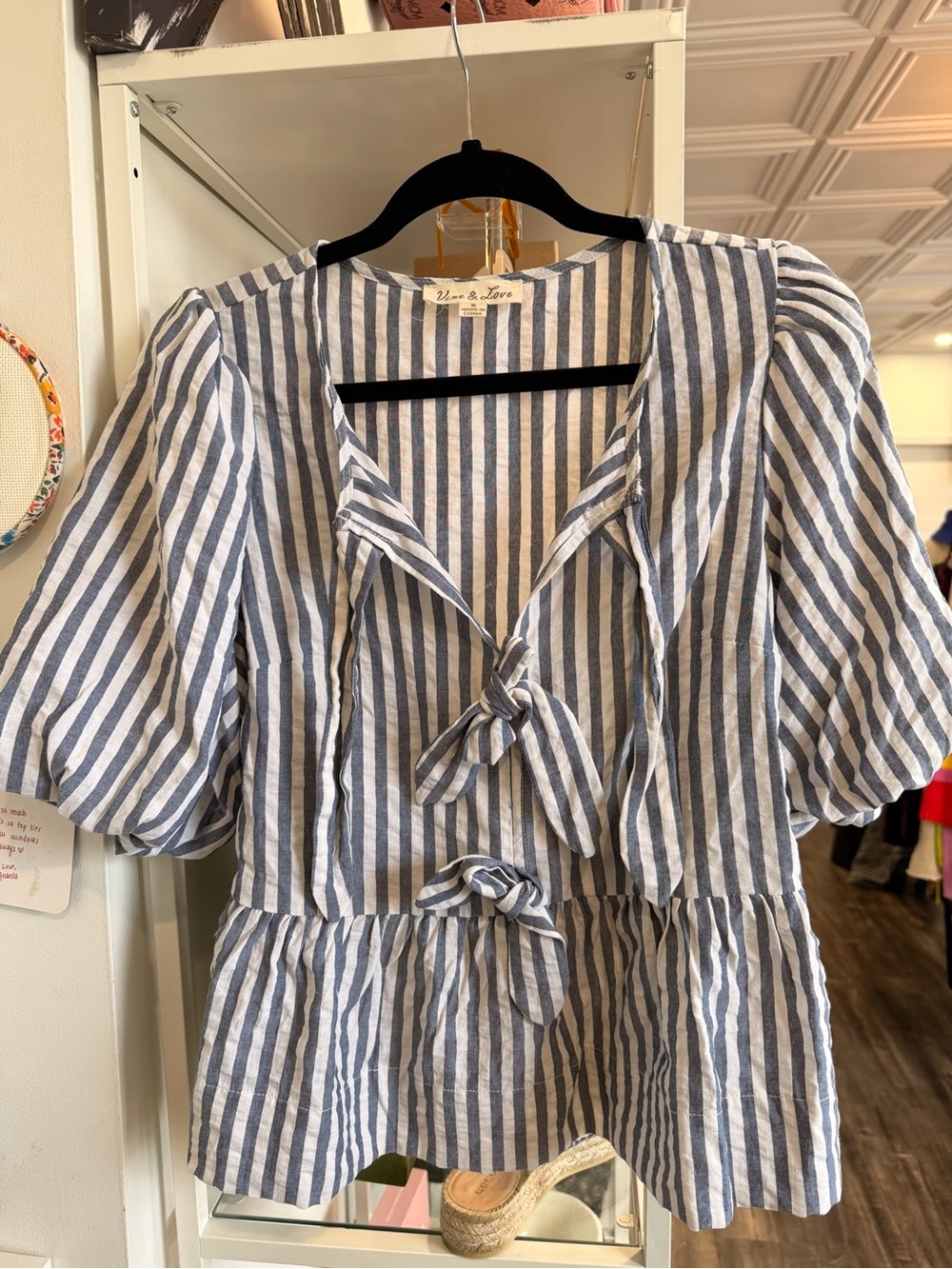 Vine & Love Blue and White Striped Tie-Front Puff Sleeve Top